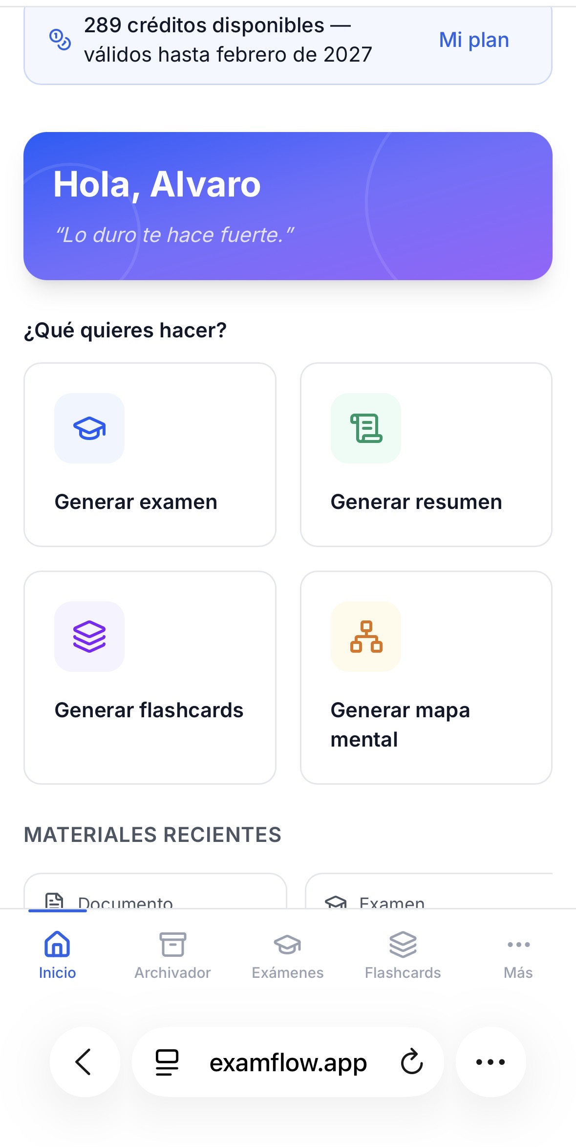 ExamFlow home screen in Safari, signed in