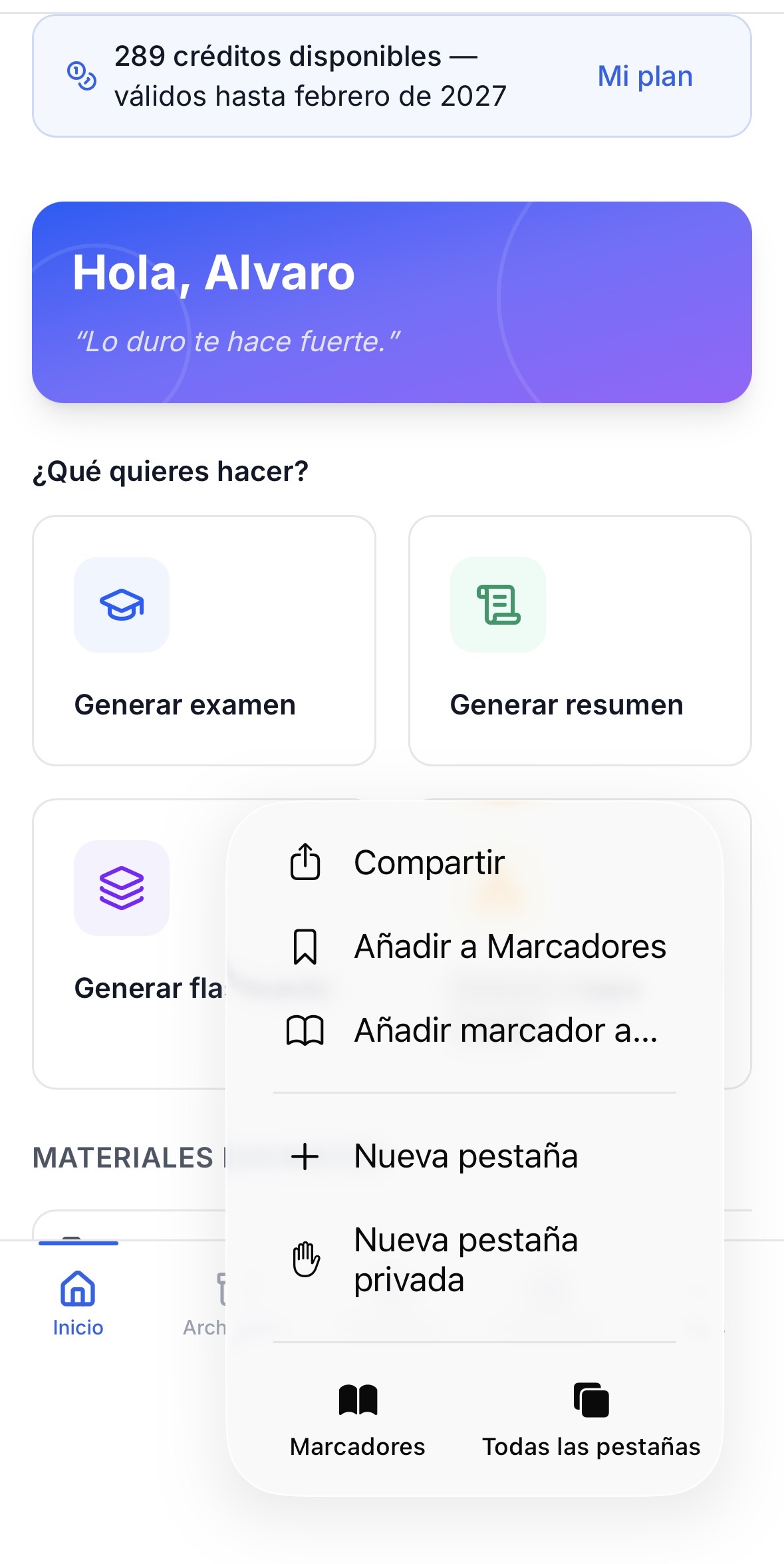 Safari menu with the Share option