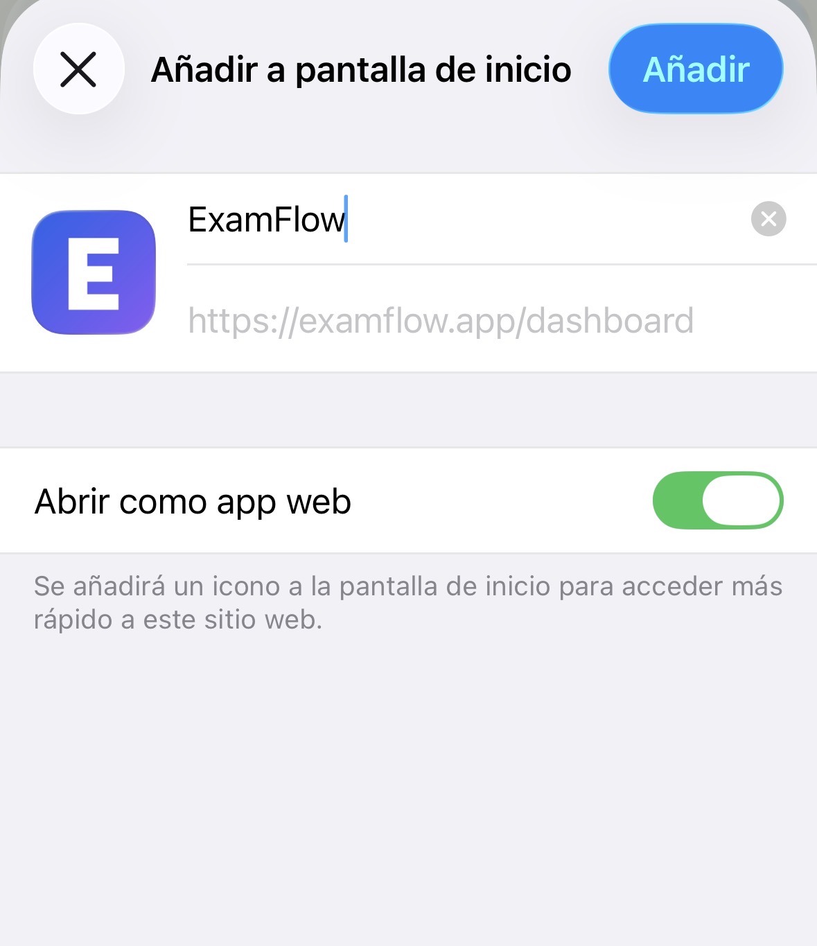 Add to Home Screen dialog with Open as Web App switched on